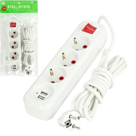 АКЦІЯ! Мережевий подовжувач 3м на 3 розетки та 2 USB з вимикачем ALFUSB3M