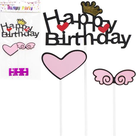 РОЗПРОДАЖ! Прикраса-топер для торта 3шт "Happy Birthday" серце 87-5