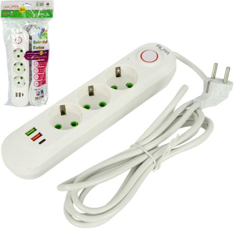 Мережевий фільтр подовжувач 3м на 3 розетки з 2 USB + 1 Type-C та вимикачем A03USB-3M