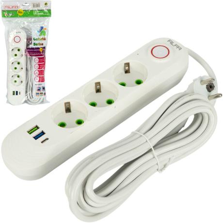 Сетевой фильтр удлинитель 5м на 3 розетки с 2 USB + 1 Type-C и выключателем 499A03USB-5M