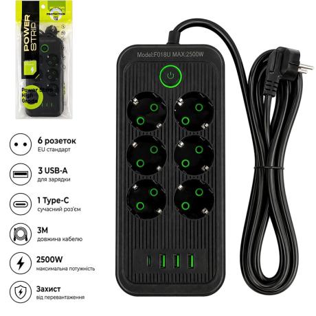 Мережевий фільтр подовжувач 3м на 6 розеток із 3 USB + 1 Type-C з кнопкою чорний AD26-18