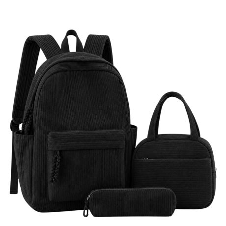 Рюкзак школьный 41*28*14см с сумкой и пеналом вельветовый BB-60686-2 BLACK