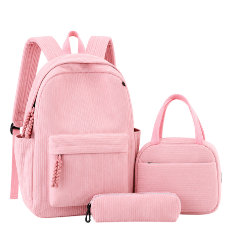 Рюкзак школьный 41*28*14см с сумкой и пеналом вельветовый BB-60686-2 PINK