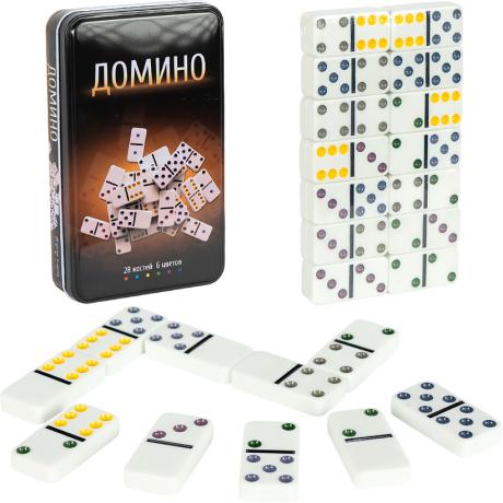 Домино настольная игра 28 костей 6 цветов в металлической коробке белое 5010F